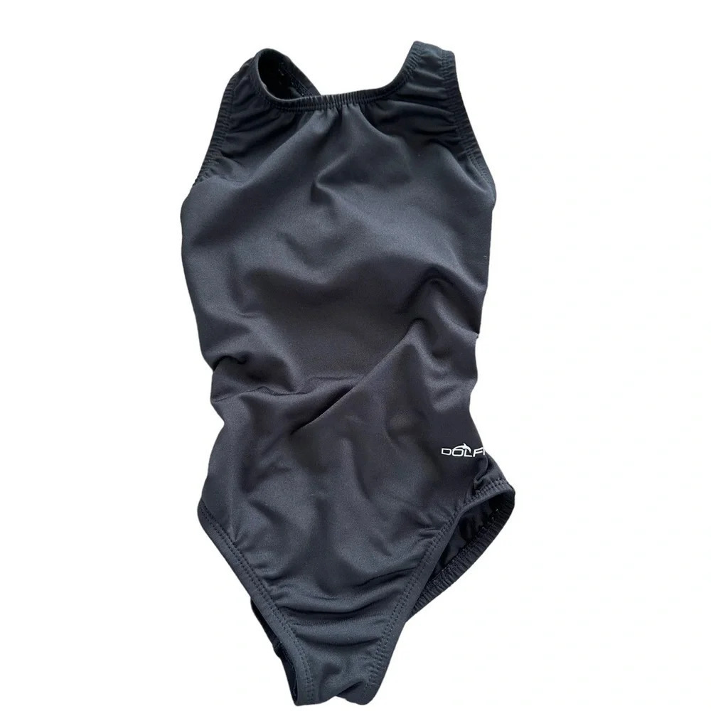 Dolfin Girls‎ size 24 Solid Black One Piece Keyhole Swimsuit Swimming Swim Team